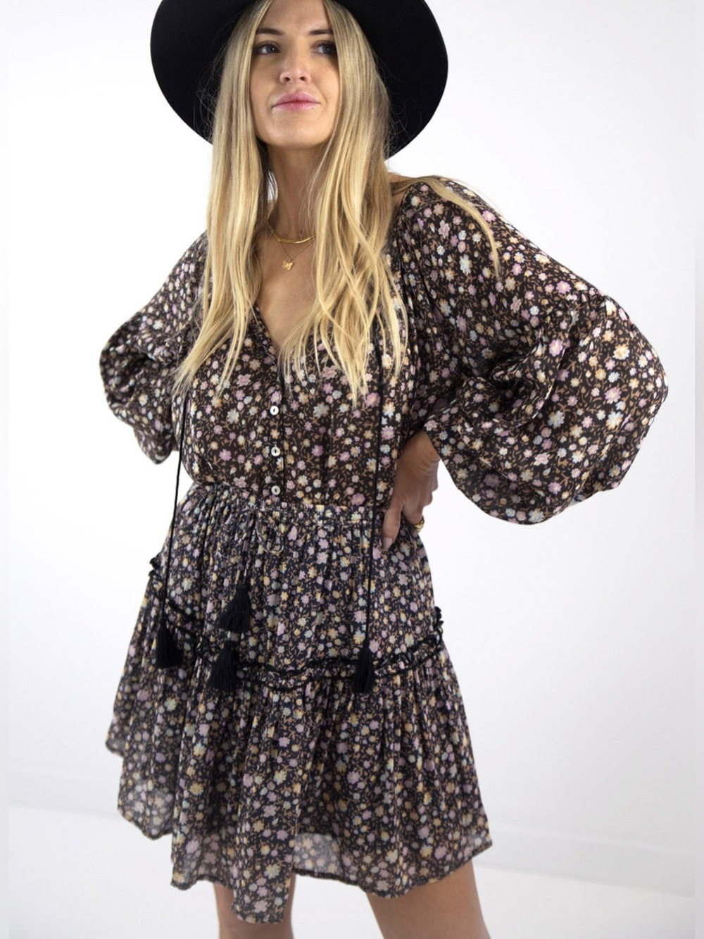 Spell Brown Floral Tiered Rae Mini Skirt with Tassel Tie